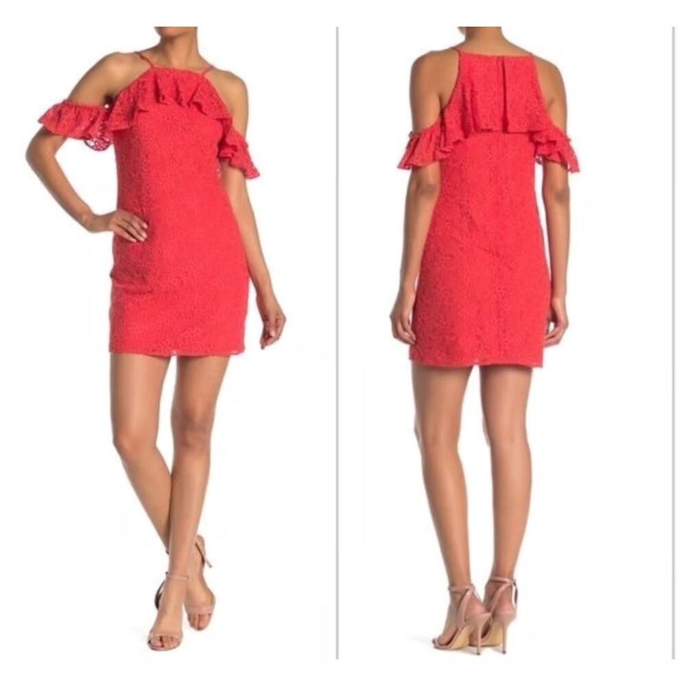 Trina Turk Roseville Dress Women M Ladybug Red Floral Lace Ruffle Cold Shoulder